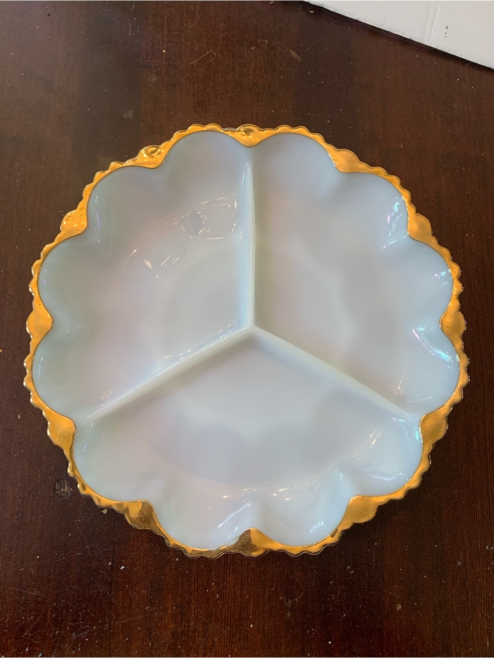 Vintage Milk Glass 3-Section Divided Dish with Gold Trim